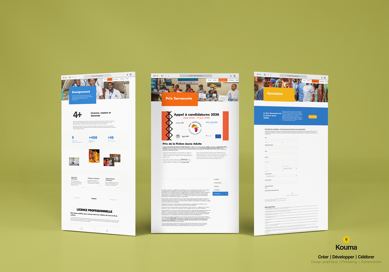 Site web multipage Niamey – pages Enseignement, Prix Sarraounia, Formulaire – Agence Kouma