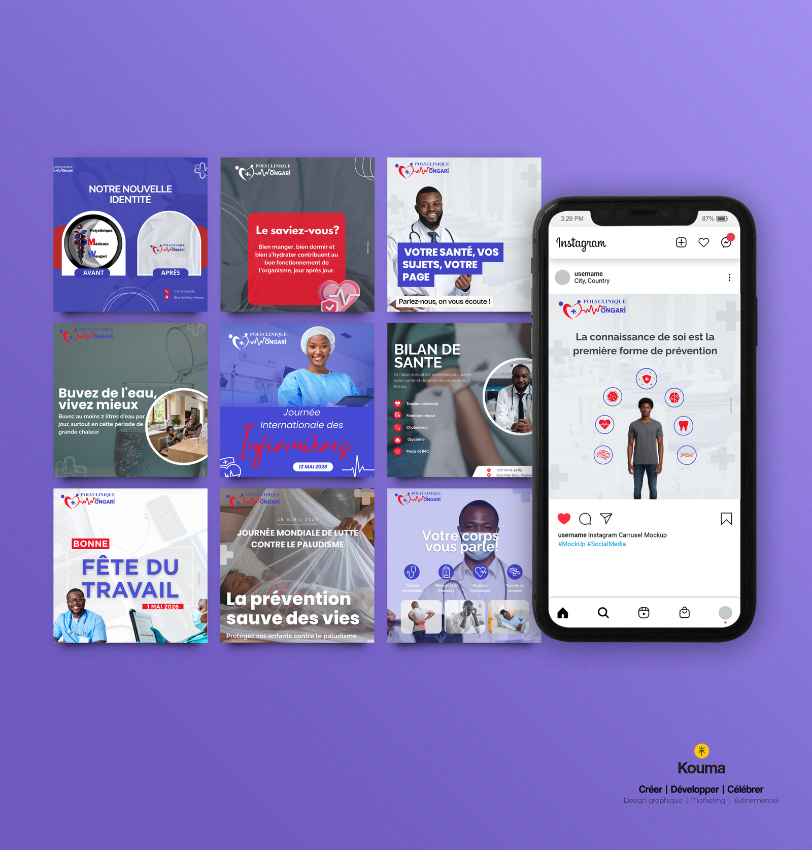 Visuels Instagram gestion réseaux sociaux Polyclinique Wongari Niamey mars avril 2026 — Agence Kouma